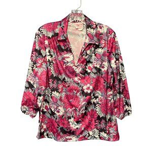 Vintage 60/70s Floral Blouse 3/4 Sleeves Size Large Made In USA